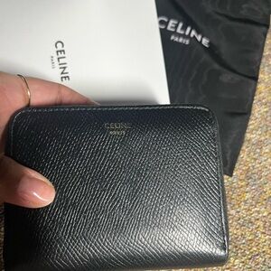 Celine Black Leather Zip Wallet with Gold Hardware